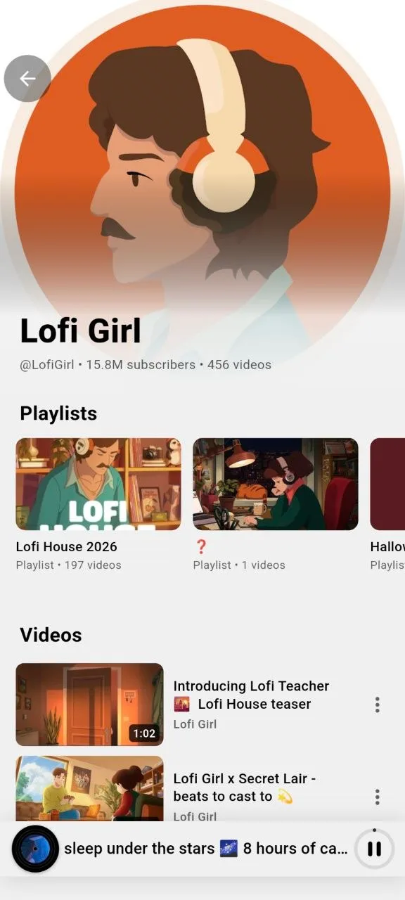 Página de detalles de un canal de YouTube en Ground Music con sus playlists y videos