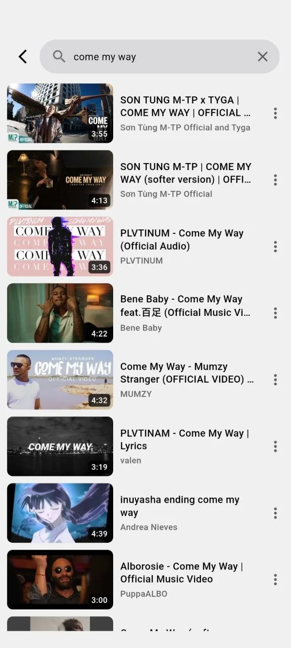 Búsqueda de canciones de YouTube en Ground Music con una lista de resultados