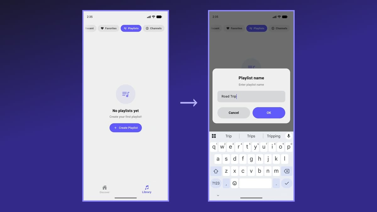 Creating a new playlist in Ground Music: the Playlists tab and the Playlist name dialog