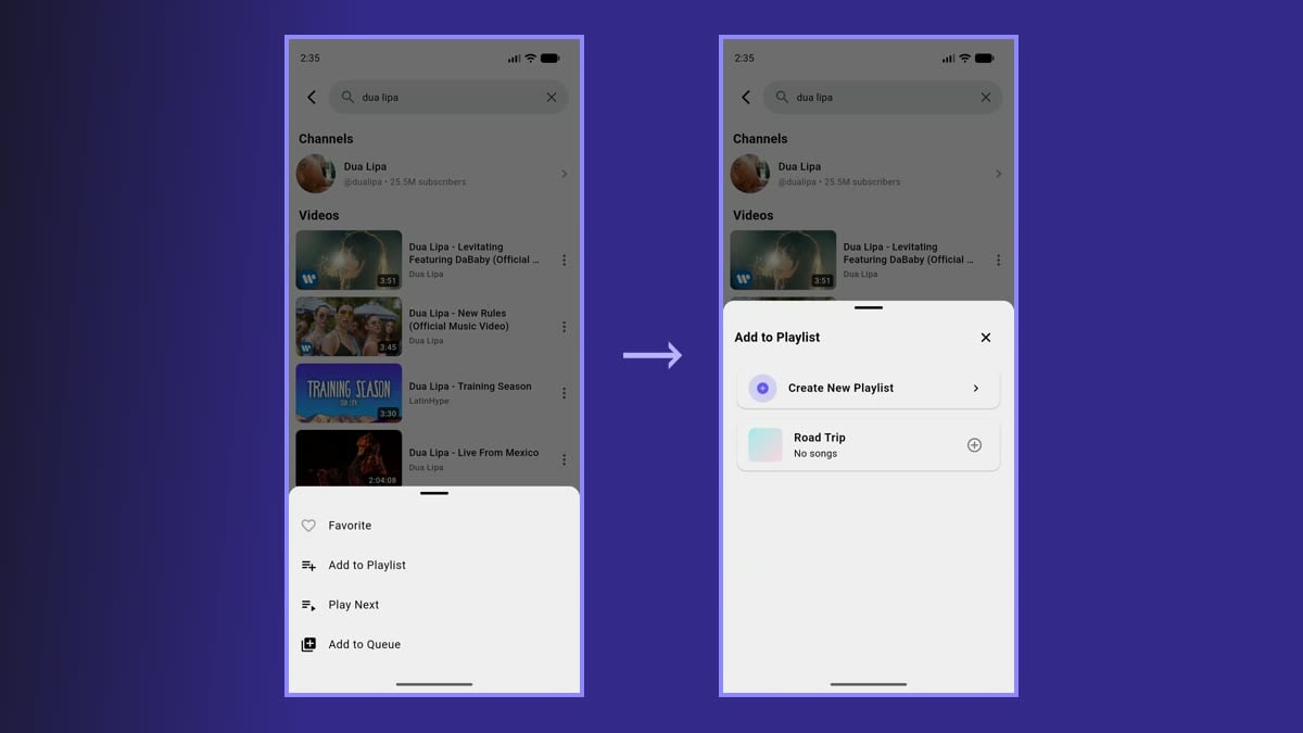 Adding a song from search results: the song menu and the Add to Playlist sheet