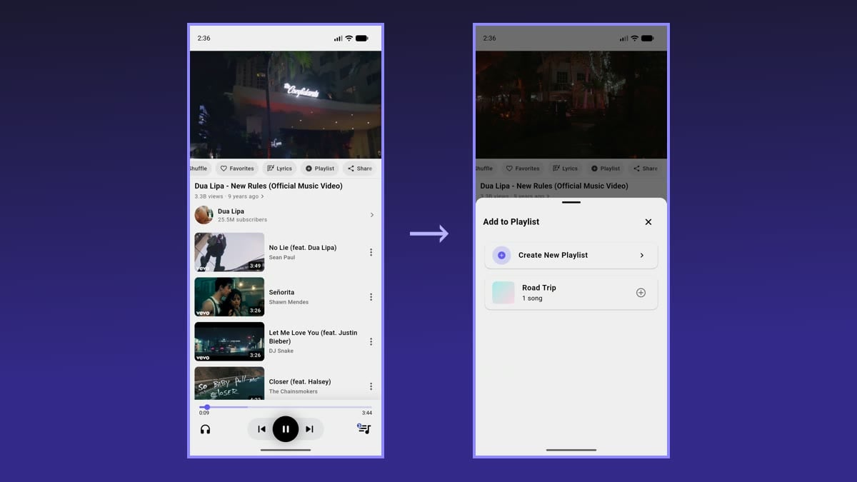 Adding the song that's playing: the Playlist button in the player and the playlist picker