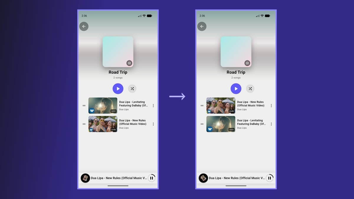 Reordering songs: before and after dragging a song to the top of the playlist