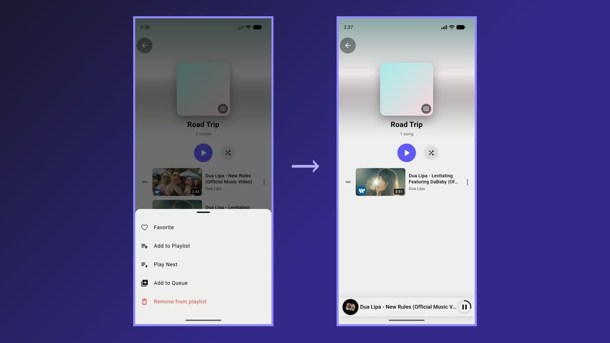 Removing a song: the Remove from playlist option and the playlist after the song is gone