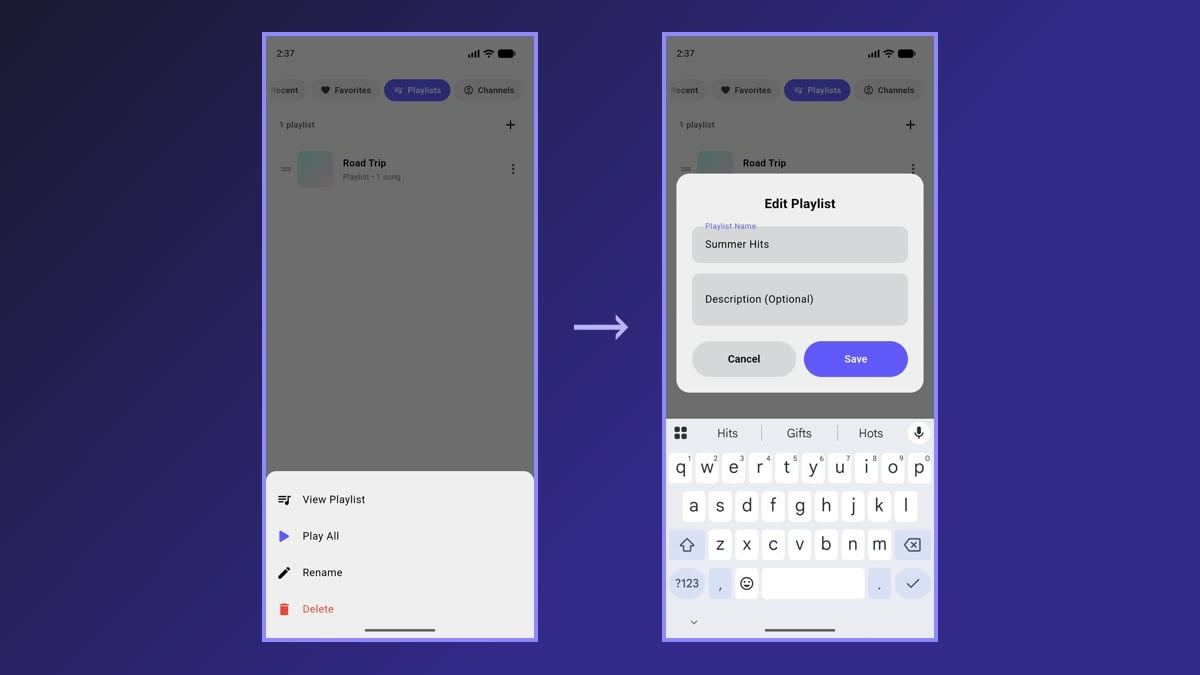 Renaming a playlist: the playlist menu and the Edit Playlist dialog
