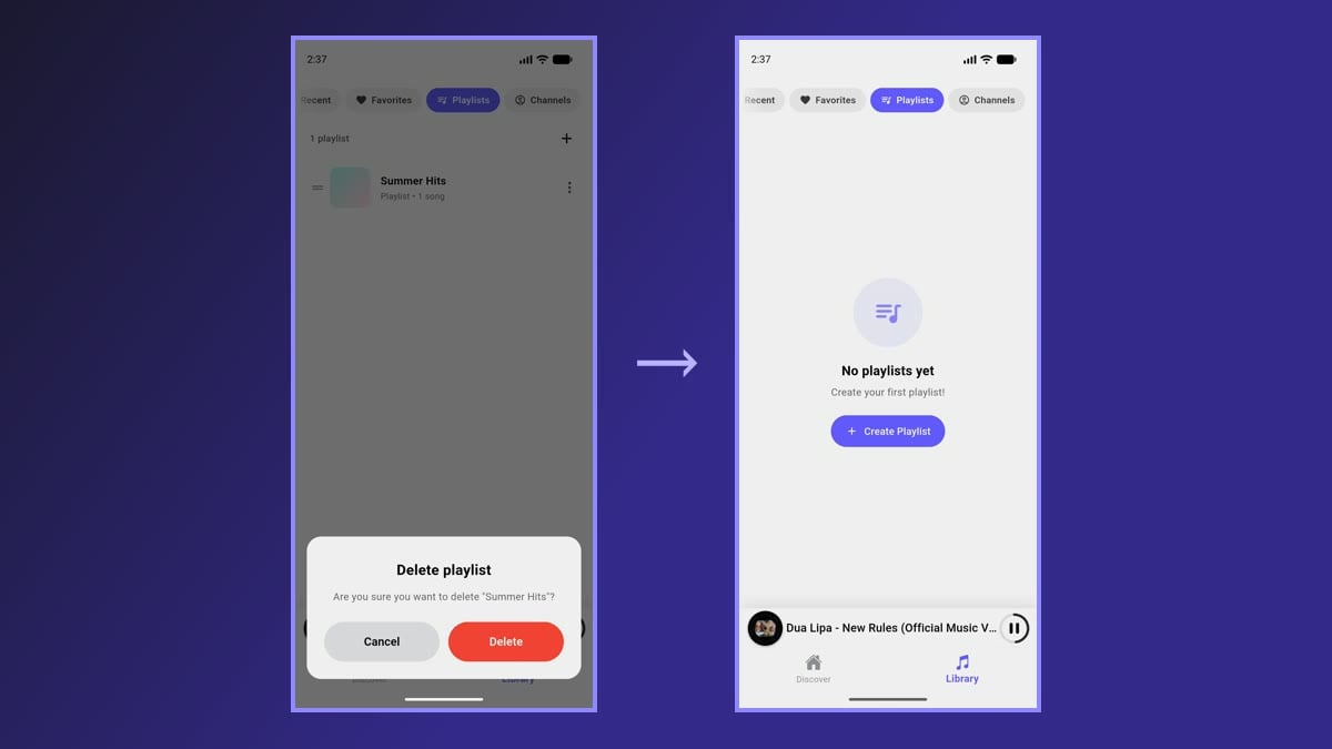 Deleting a playlist: the confirmation dialog and the empty playlist list